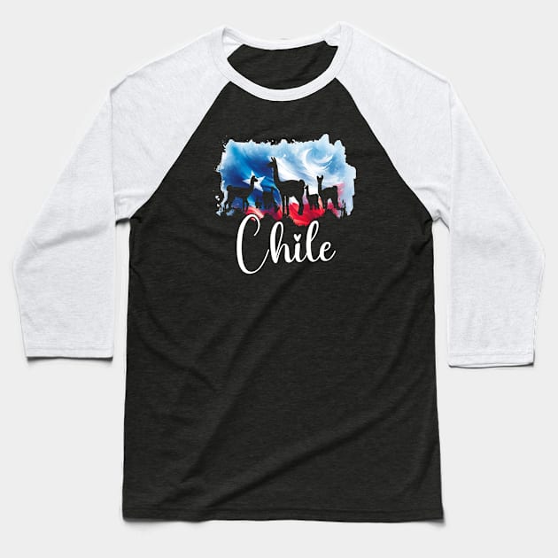 Chilean Flag and Torres Del Paine Wildlife Silhouette Watercolor Baseball T-Shirt by Sambastyles